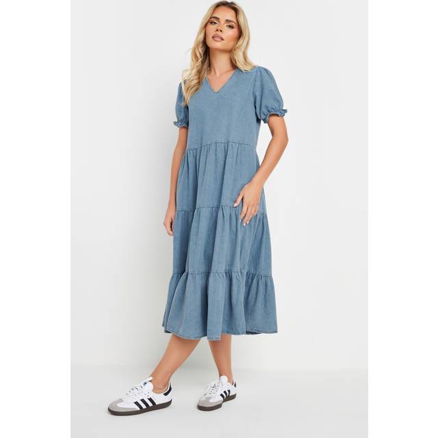 Pixiegirl Light Blue Denim Frill Tiered Midi Dress 8 Pixiegirl | Petite Women's Midi Dresses
