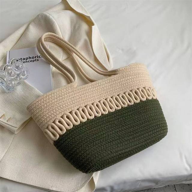 (D) Knitting Fabric Beach Bag Large Capacity Handmade Straw Summer Holiday Leisure Bag