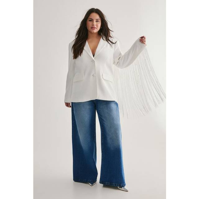 Womens Plus Premium Pearl Trim Fringe Blazer - White - 20