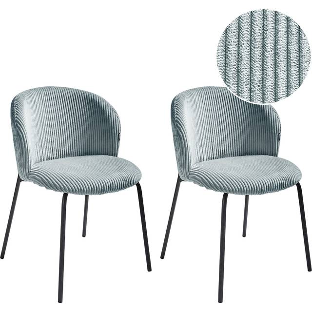 Set of 2 Dining Chairs Iron Legs Corduroy Upholstery With Rounded Backrest Light Blue Miles