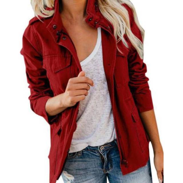 (wine red, XL) Women Coat Stand Collar Zipper Multiple Pockets Solid Color Long Sleeves Soft Casual Cardigan Pure Color Spring Coat For Daily Wear