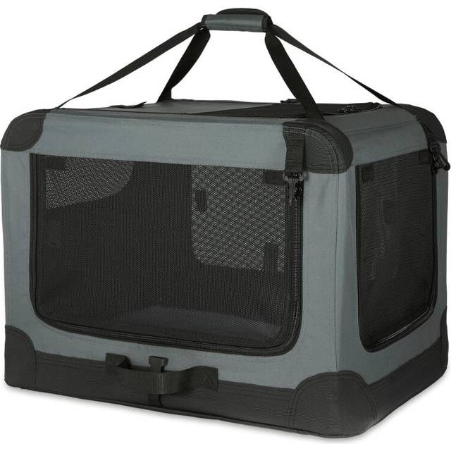 Amazon Basics 4-Doors Portable Soft-Sided Folding Travel Crate Kennel for cat, dog, and other small animals, Grey, M 76 cm x 54 cm x 54 cm