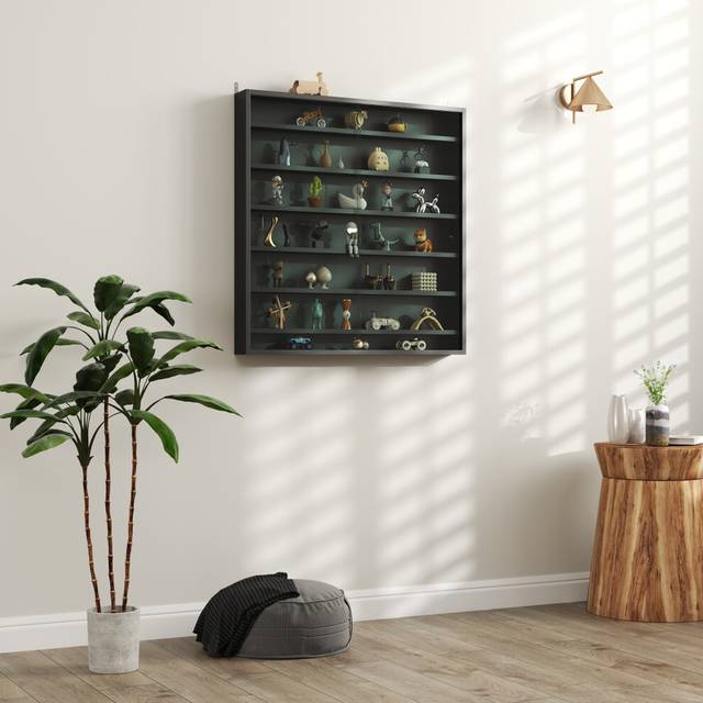 HOMCOM 7-Tier Wall Display Cabinet w/ Shelves Glass Doors, Black, Black