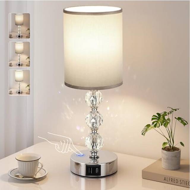Aooshine Touch Table Lamp, Crystal Bedside Lamps with 3 Way Dimmable, Touch Lamps Bedside with USB C+A Charging Ports, Bed Lamps with White Fabric