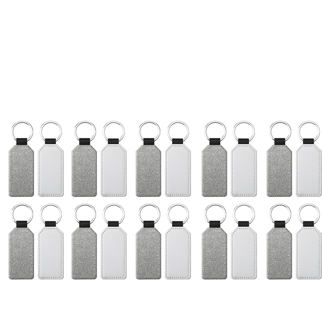 20Pack Sublimation Blanks Keychain Glitter PU Leather Heat Transfer Keyring Blank Rectangle Silver