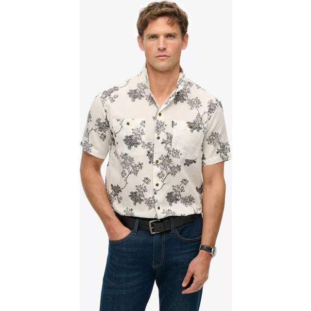 Superdry Linen Blend Regular Fit Tropical Floral Beach Shirt, Yoshino Optic