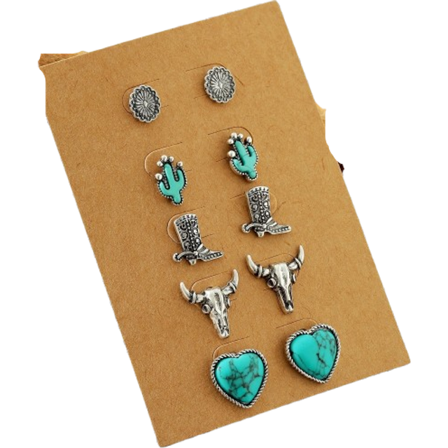 5 par vintage västerländsk stil turkos dekorerad kaktus cowboystövlar Bull Head Heart Stud örhängen Set för kvinnor Alla hjärtans dag, mamma, mor, mor - Antikt Silver (En-Storlek)