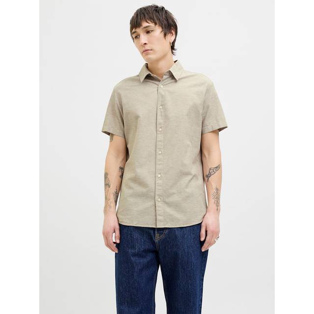 Jack & Jones – Beige, kortärmad linneskjorta-Naturlig