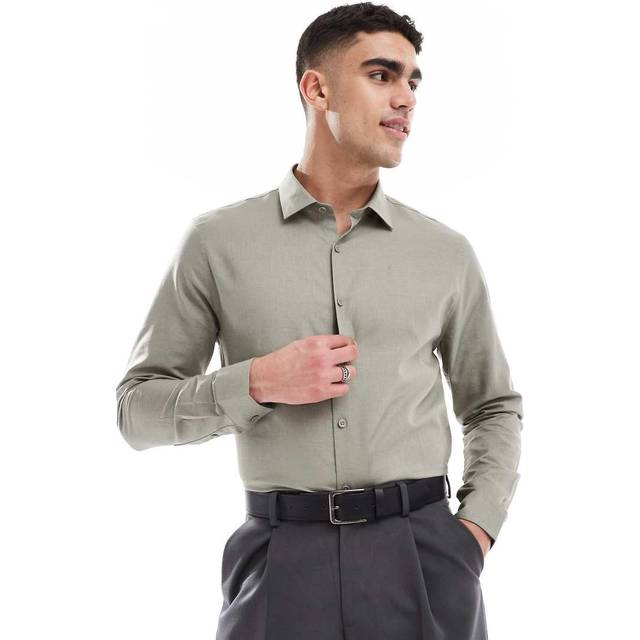 ASOS DESIGN – Khakifärgad, formell skjorta i linnemix och regular fit-Grön/a