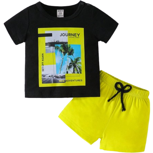 SHEIN Baby Boy Casual Holiday Letter & Palm Tree Print T-Shirt And Drawstring Shorts Set
