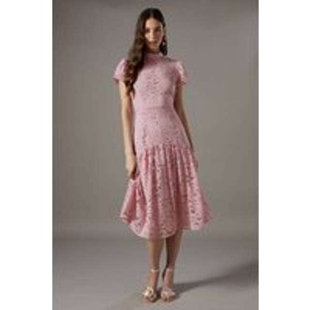 Lace Frill Sleeve High Neck Midi - Pink - 14