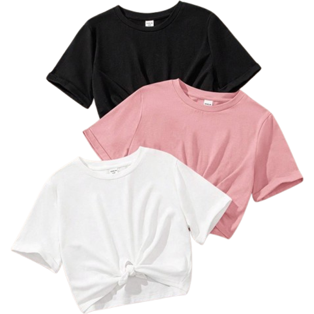 Tween flicka stickad slät rund hals, beskuren vriden casual t-shirt 3-pack - Babyrosa (8Y,9Y,10Y,11Y,12Y)