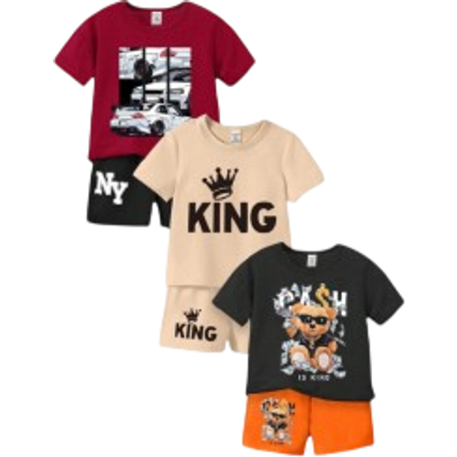 SHEIN Baby Boy 3pcs Casual Fun Sunglasses Bear Car Silhouette Crown Letter Slogan Cartoon Printed Short Sleeve T-Shirt + Shorts Set