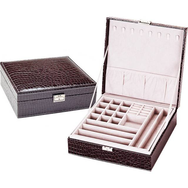 Leather Square Jewelry Box With Mirror Cases Crocodile Pattern Brown