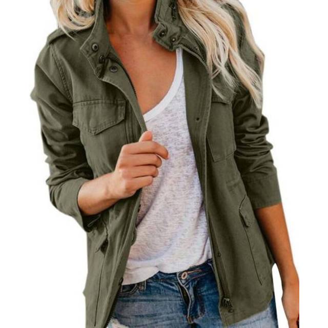 (army green, M) Women Coat Stand Collar Zipper Multiple Pockets Solid Color Long Sleeves Soft Casual Cardigan Pure Color Spring Coat For Daily Wear