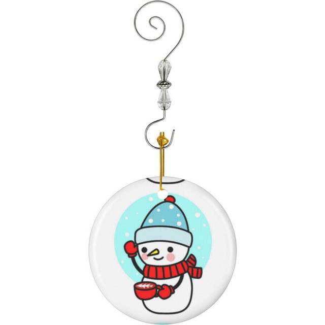 (Funny Snowman Holding A Coffee Cup, New Year And Merry Christmas_8571) Christmas Ornaments Ceramic with Crystal Hook Xmas Handmade Tree Decorations K