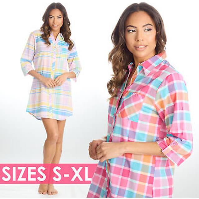 Ladies checked nightshirt lounge dress nightie 3/4 sleeve sleep shirt s m l xl