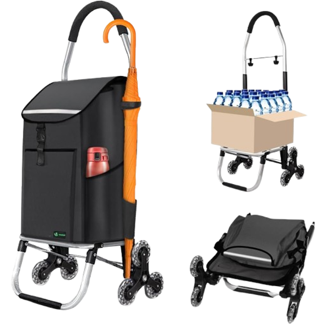 VOUNOT Folding Shopping Trolley, Aluminium Lightweight Shopping Cart 45L Black