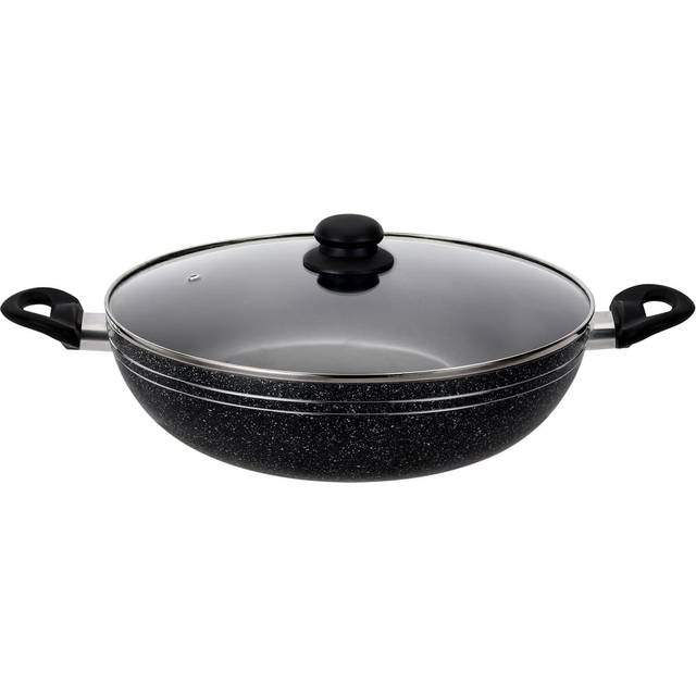 Royalford Aluminium Wok Pan, Induction Safe Frying Pan With Non-Stick Coating - Black (8.5cm H x 42cm W x 26cm D)