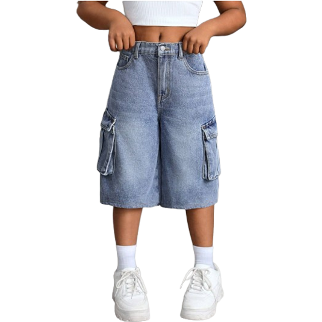 SHEIN SLAYR KIDS Tween Girls Y2K Fashion Retro Stonewashed Flap Pocket Baggy Denim Cargo Jeans Long Shorts, Girls Fall Clothes Back To School Outfits