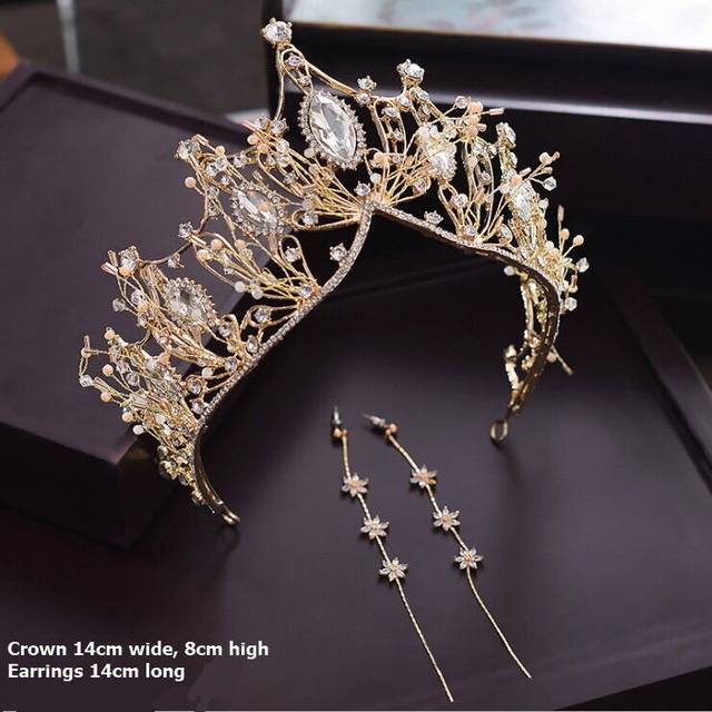 7.5cm Tall Luxury Crystal Beads Gold Tiara Crown Wedding Queen Prom Princess