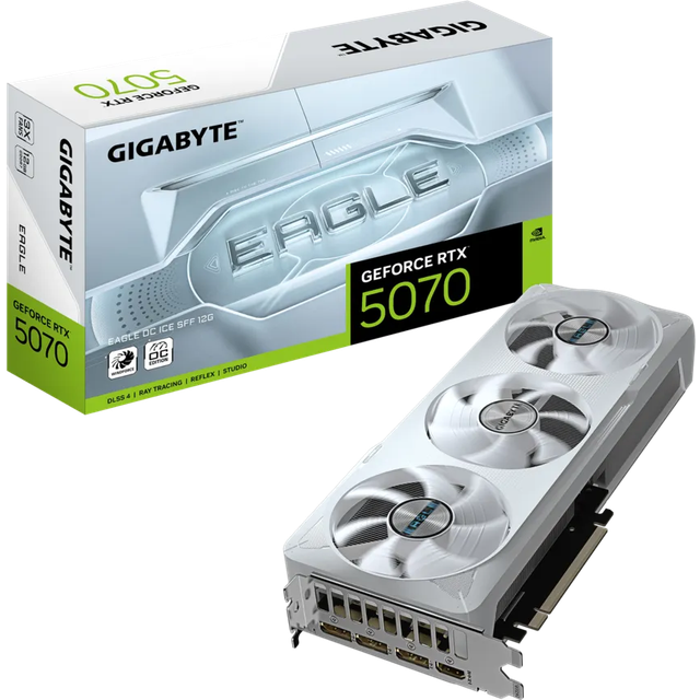 Gigabyte GeForce RTX 5070 EAGLE OC ICE SFF 12G grafikkort - 12 GB GDDR7, 192 bit, PCI-E 5.0, XXXXMHz kärnklocka, 3 x DP 2.1a, 1 x HDMI 2.1b, NVIDIA DLSS 4, GV-N5070EAGLEOC ICE-12GD