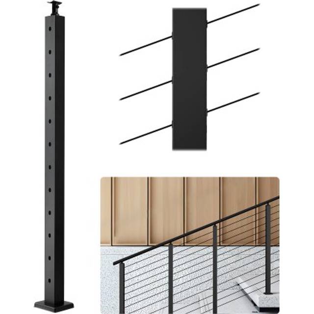 VEVOR Cable Railing Post, 42x1x2 Inch Stair Railing Post, with Pre-Drilled 30° Angled Holes, Stainless Steel Cable Rail Post with Horizontal and Curved Bracket, 1-Pack, Black, 1JZLGZXHS106VRA3X001V0