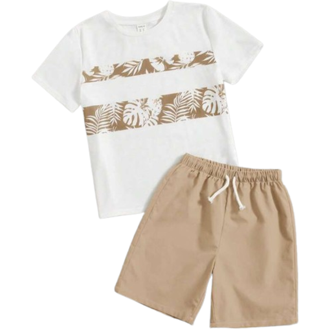 SHEIN Tween Boy Tropical Print Tee & Drawstring Waist Shorts