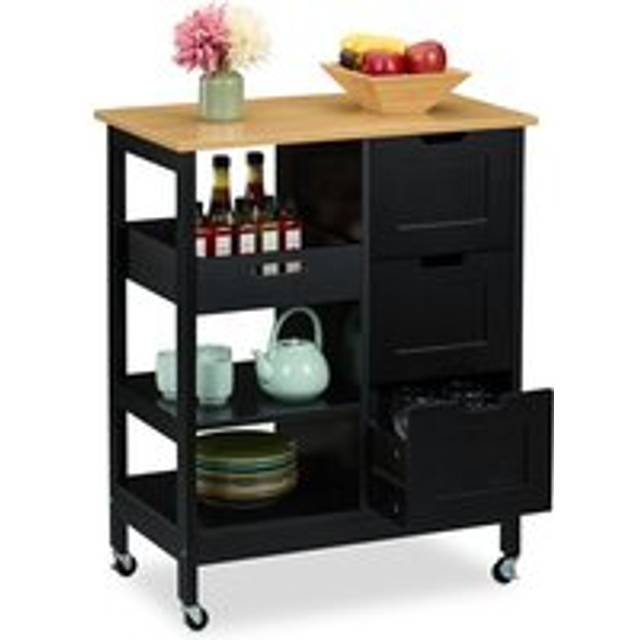 Kitchen Island Cart, Countertop, 3 Drawers, 3 Shelves, 85 x 68.5 x 38.5 cm, Rolling Trolley, Black/Natural - Relaxdays