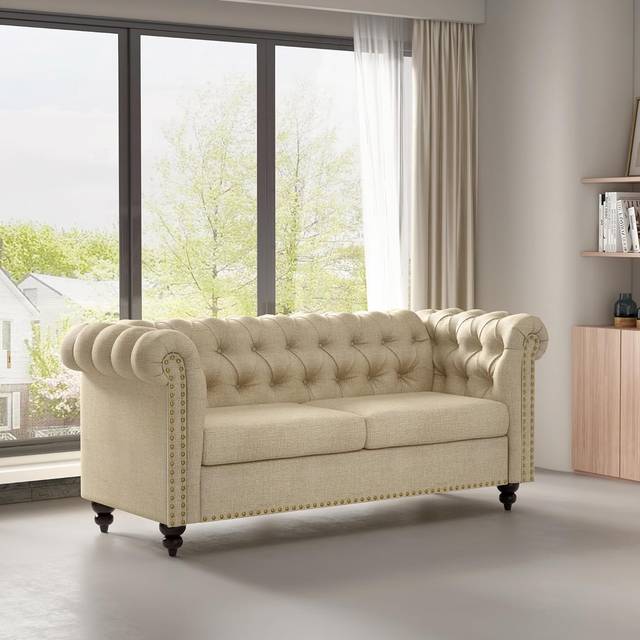MCC Victoria Chesterfield Style Button Back Linen Farbic 2 Seater Sofa Beige, Cream