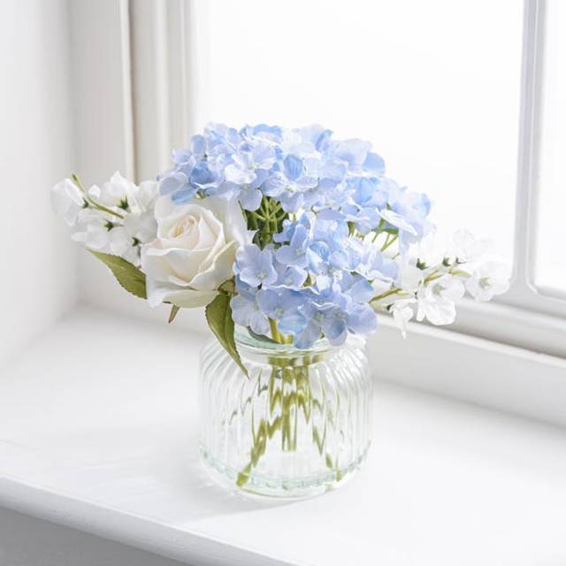 Artificial Hydrangea and Rose Bouquet in Ribbed Glass Vase - Blue