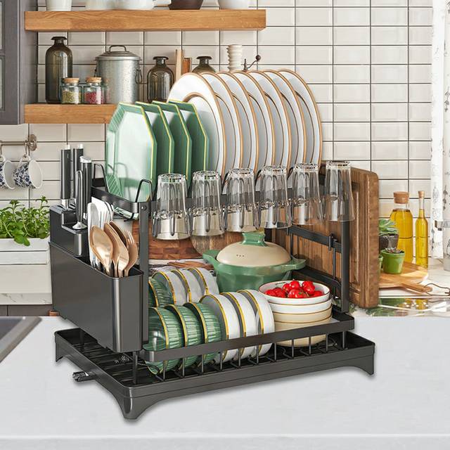 2-Tier Dish Drainer Sink Rack With Drip Tray Space-Saving Drying Plate Rack With Cutlery And Cup Holders For Kitchen (Black) (29.8cm H X 30cm W X 18cm D)