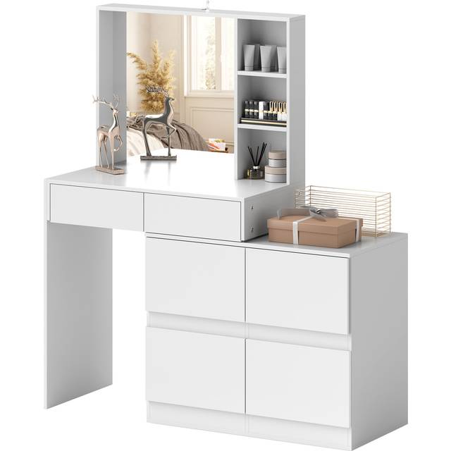 Sminkbord med Spegel och Förvaring – Justerbar Design Vit
