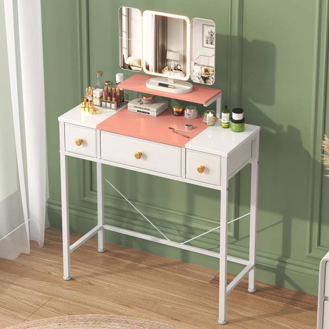 Small Dressing Table With Mirror, Vanity Desk With 3 Fabric Drawers&Height Adjustment - Pink (80cm H X 70cm W X 30cm D)