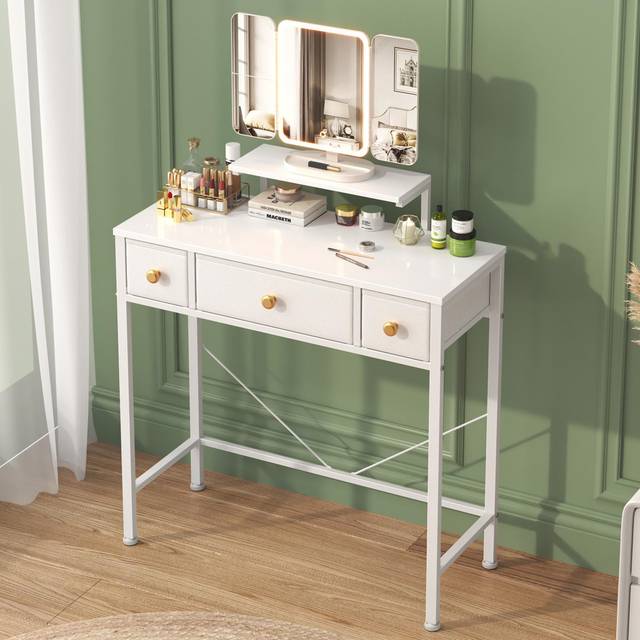 Small Dressing Table With Mirror, Vanity Desk With 3 Fabric Drawers&Height Adjustment - White (80cm H X 70cm W X 30cm D)