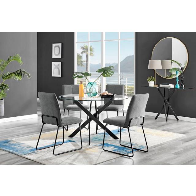 Tierra Modern Glass & Metal Round Dining Table Set & 4 Luxury Dining Chairs - Black (4)