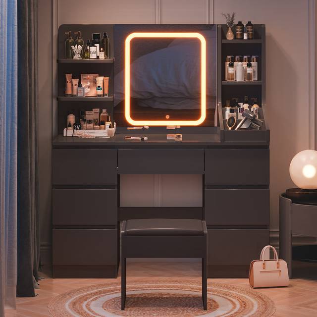 LED Dressing table 7 Drawers and 7 Storage Shelves Dressing Table With Mirror Large Desktop Makeup Desk - Black (139cm H X 110cm W X 40cm D)