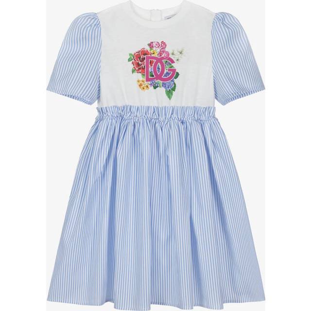 Dolce & Gabbana Girls Blue & White Striped Dress With Floral Dg Logo - 5 year