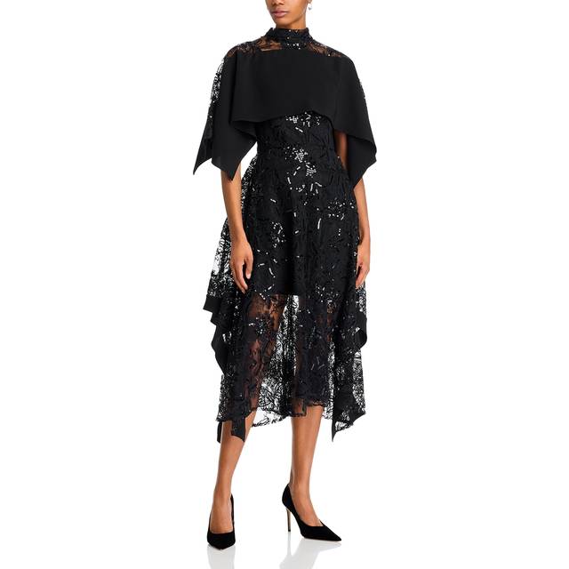 Sequined Lace Mock-Neck Flounce Dress - BLK MULTI - 2