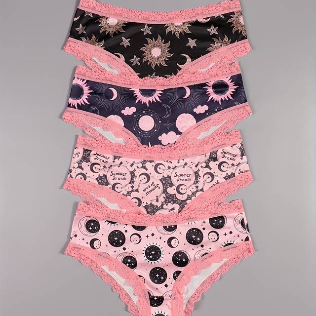 TEMU 4pcs Women Sexy Cute Pink Lace Trims Gothic Chic Low-rise Bikinis, Allover & Stars & Print, Comfortable Hipster Panties For Women - Halloween Lingerie & Underwear