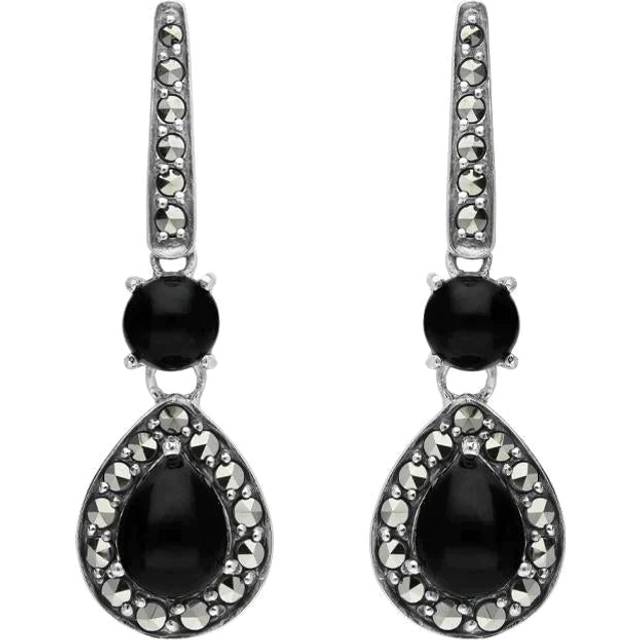 Sterling Silver Whitby Jet Marcasite Pear Drop Earrings