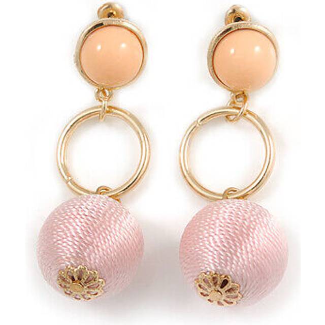 Pastel pink silk cord ball drop earrings in gold tone metal - 60mm long