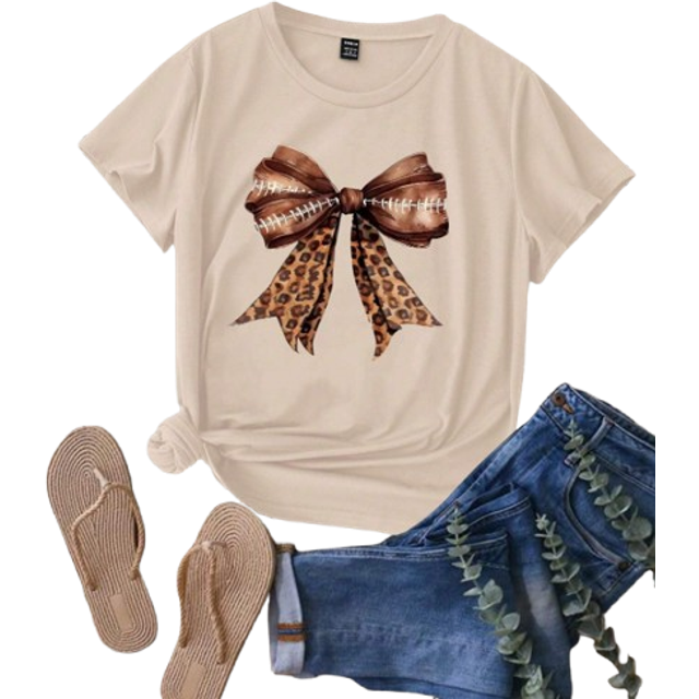 INAWLY Women&#39;s Summer Fall Casual Leopard Print & Bow Tie Decor T-Shirt Graphic Cheetah Print Tees Women Tops