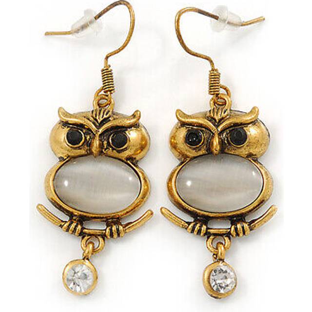 Antique gold tone crystal owl drop earrings - 50mm l