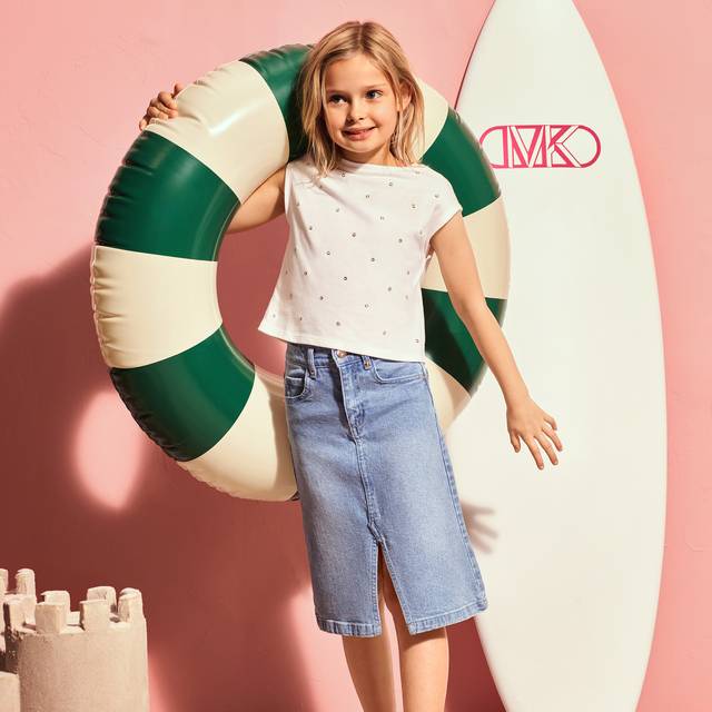 Denim Five-Pocket Skirt with Front Slit