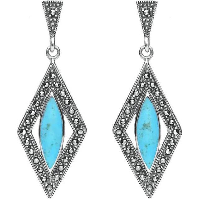 Sterling Silver Turquoise Marcasite Diamond Shaped Earrings - Silver