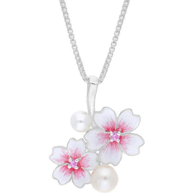 Sterling Silver Pearl & Pink Sapphire Double Cherry Blossom Flower Pendant
