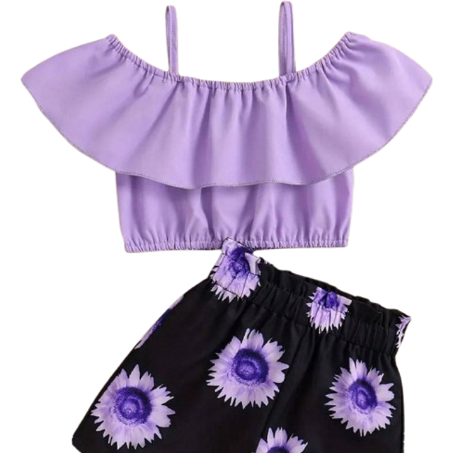 SHEIN 2pcs Young Girl Ruffle Trim Cold Shoulder Crop Top & Sunflower Graphic Shorts Set Young Girl Summer Clothes