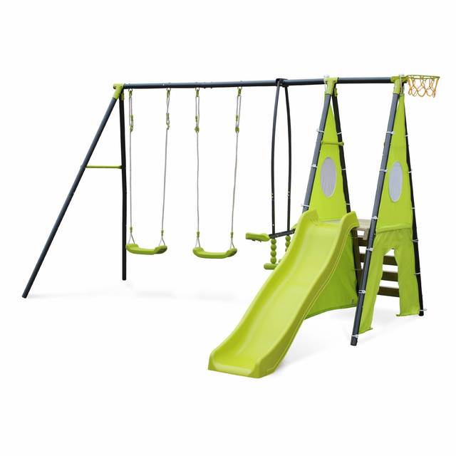 Swingset with 2 swings, slide, basketball hoop, climbing wall and tipi tent, Libeccio, Green, 313x155x197 cm