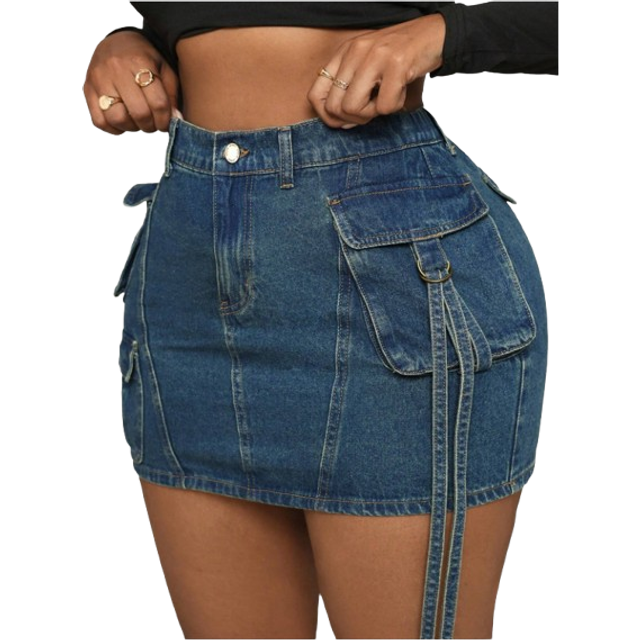 Dripcurv Plus Size Denim Mini Skirt Casual Loose Cargo Blue Vintage Washed
